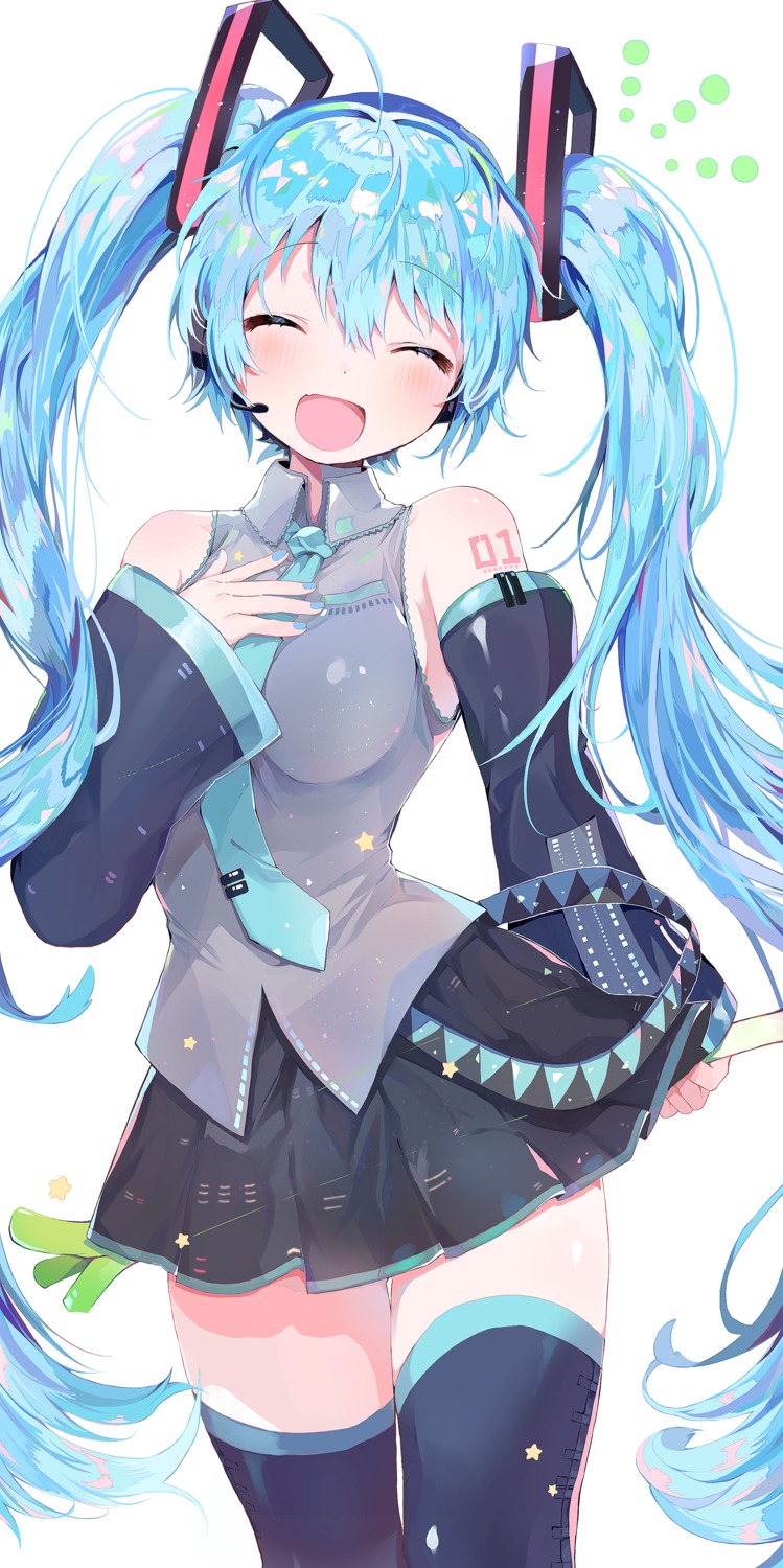 amakawatamawono breast_hold hatsune_miku headphones tattoo thighhighs vocaloid