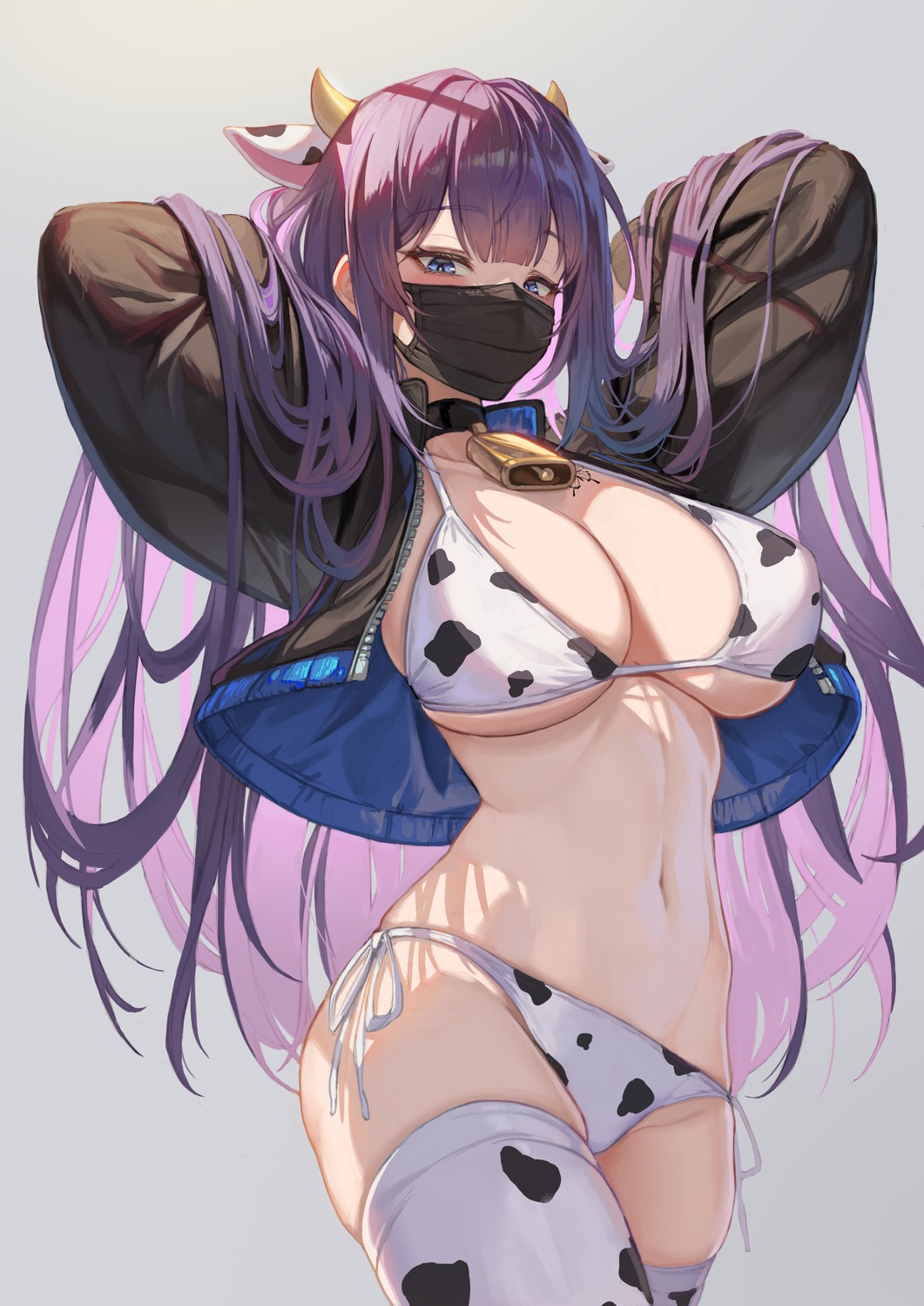 animal_ears bikini f.k_(hs225kr) horns open_shirt swimsuits thighhighs