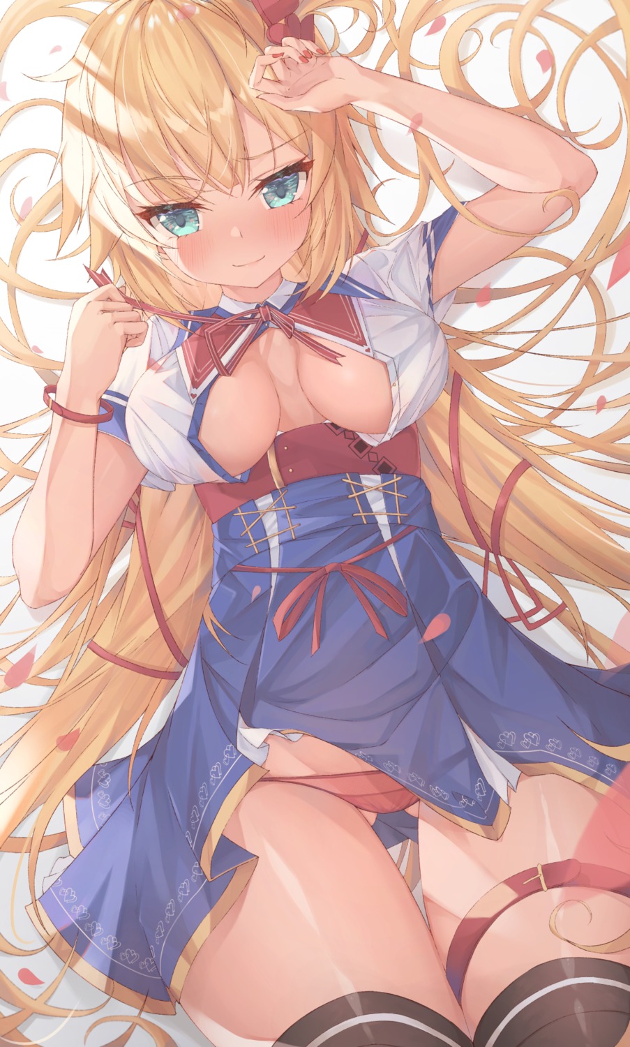 akai_haato garter hololive kinako12547 no_bra open_shirt pantsu seifuku skirt_lift thighhighs