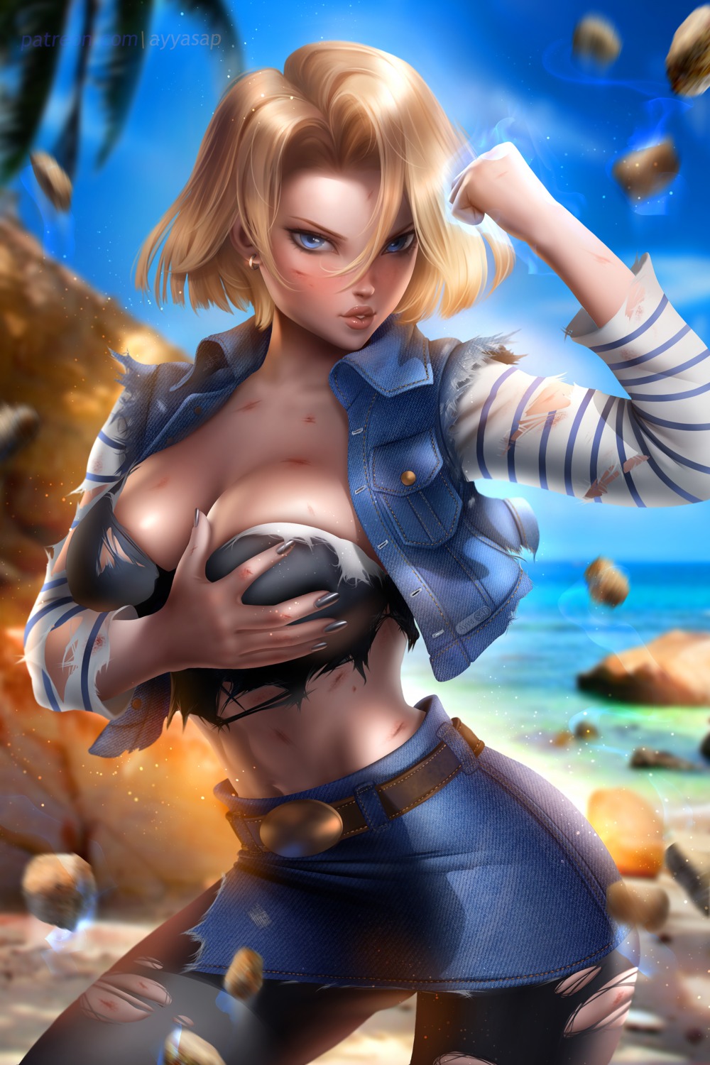 android_18 ayyasap bikini breast_hold dragon_ball dragon_ball_z no_bra pantyhose swimsuits torn_clothes