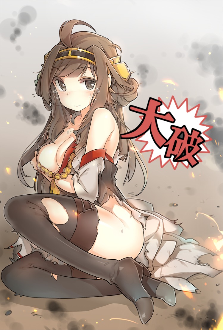 breast_hold cleavage kantai_collection kongou_(kancolle) nopan thighhighs torn_clothes yuran