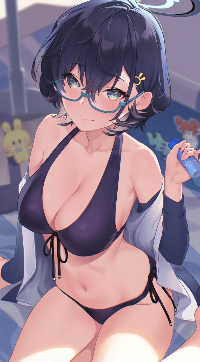 bikini blue_archive halo hikichi_sakuya kagami_chihiro megane open_shirt swimsuits