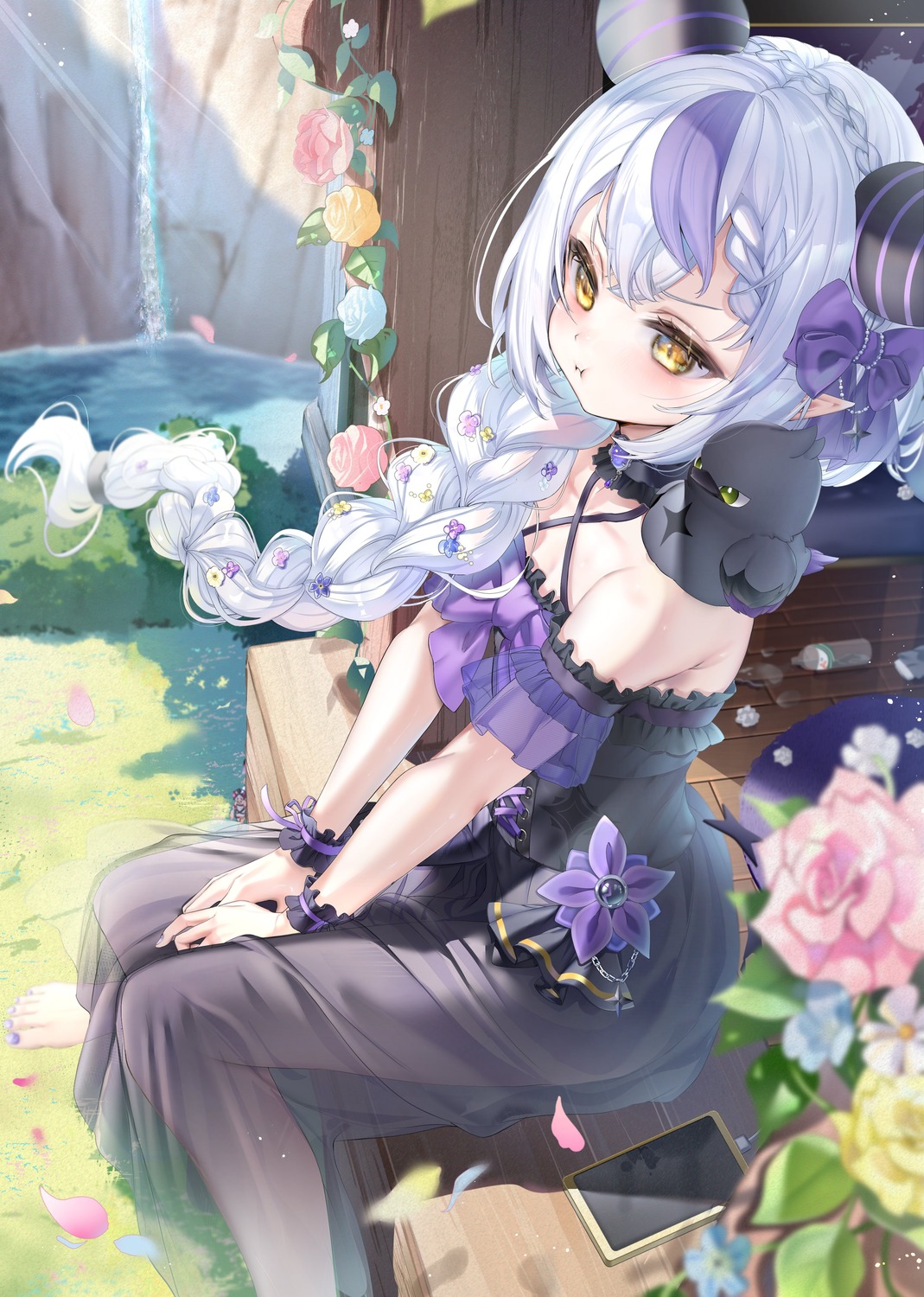 crow_(la+_darknesss) dress hololive horns la+_darknesss no_bra piyokuma pointy_ears see_through tail