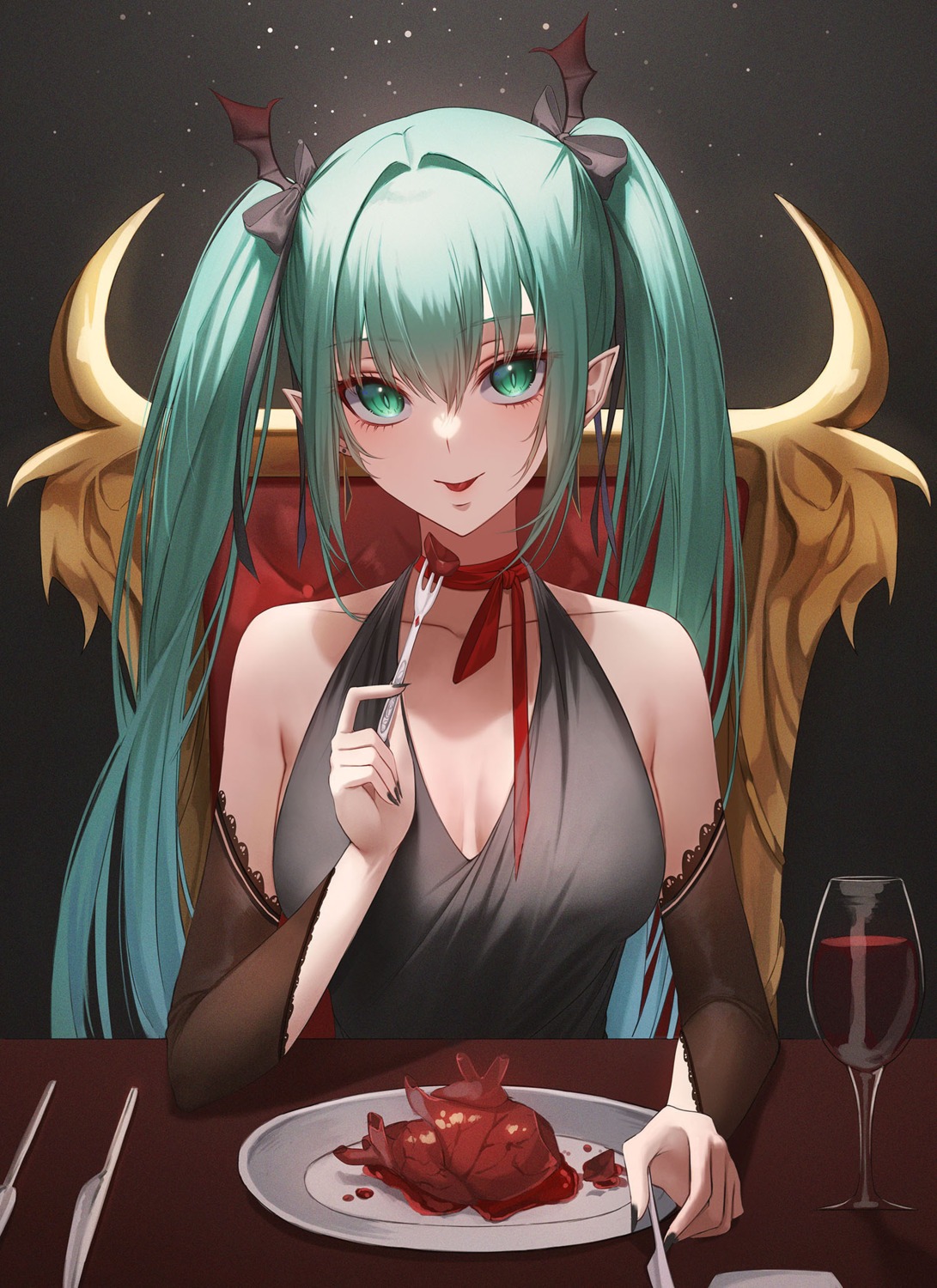 ame_816 cleavage hatsune_miku horns no_bra pointy_ears vocaloid