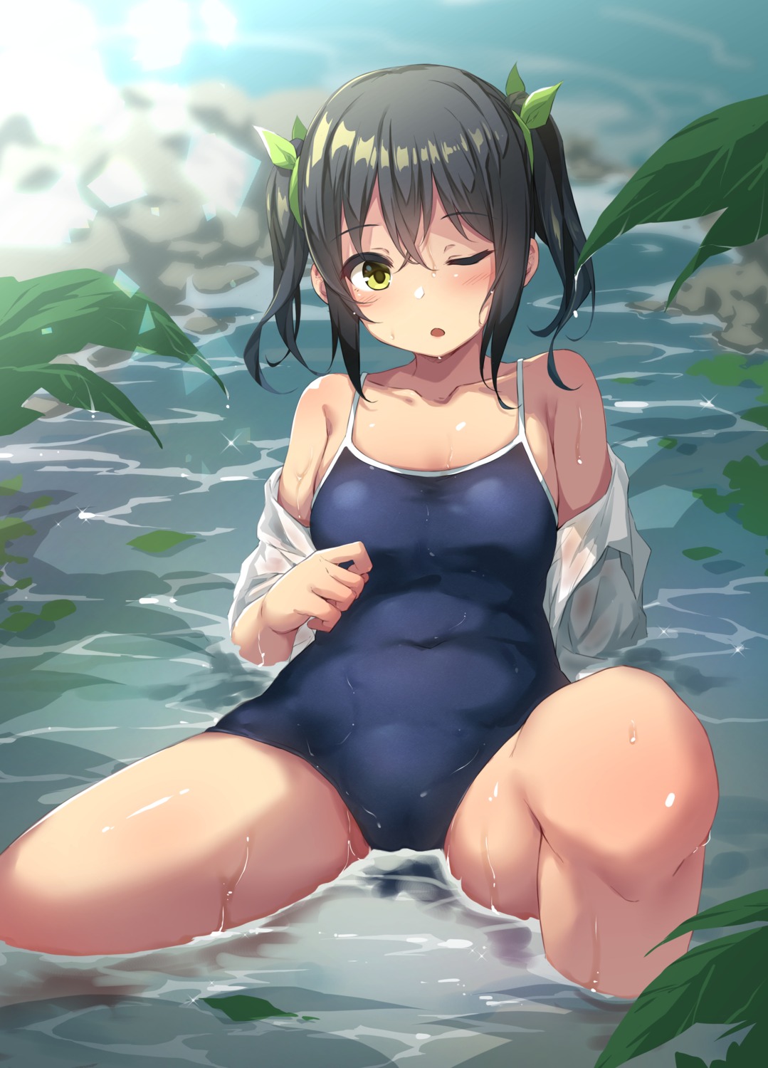 cameltoe dress_shirt hitoi natsume_nae school_swimsuit see_through swimsuits wet wet_clothes