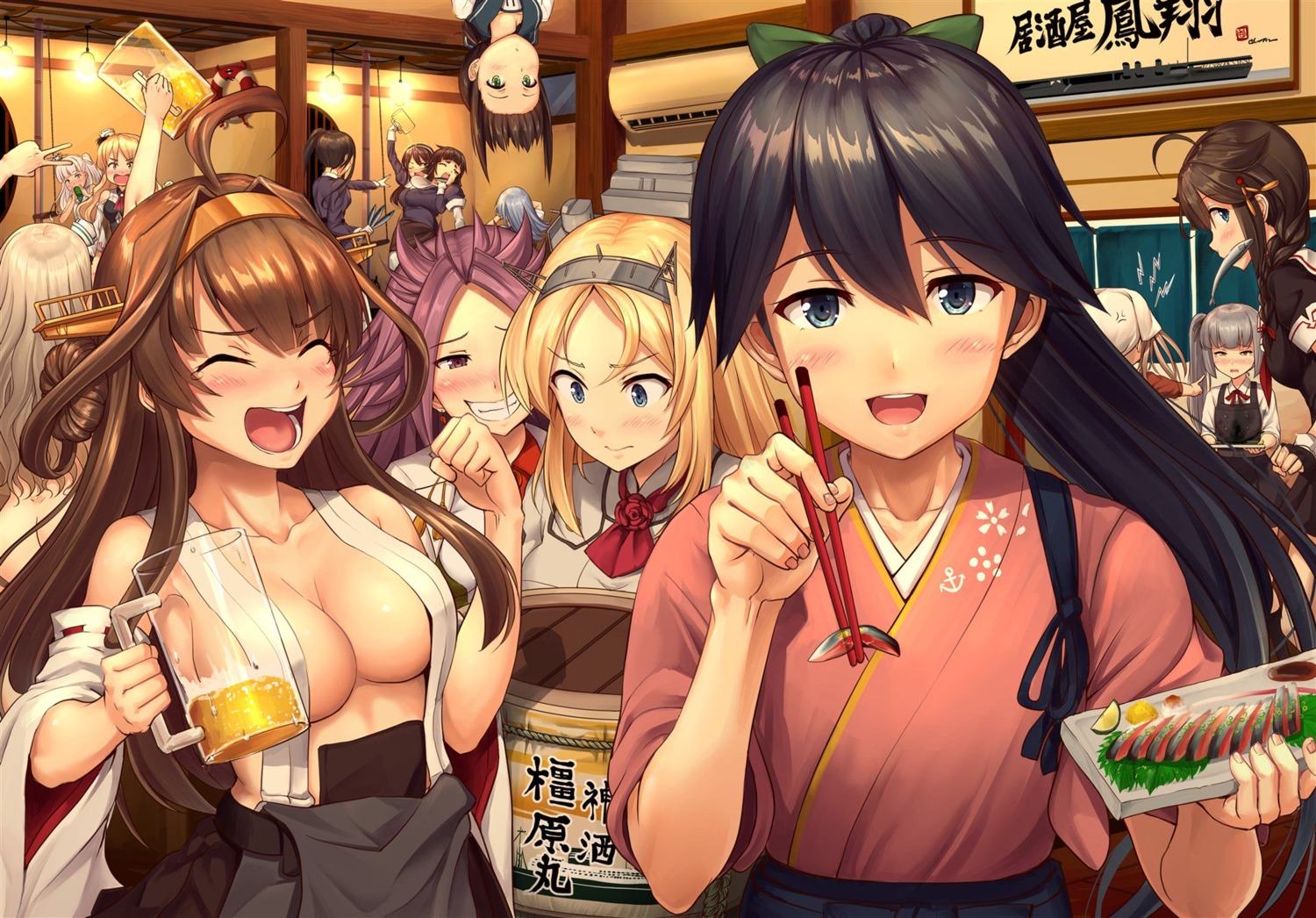 ashigara_(kancolle) fubuki_(kancolle) hatsukaze_(kancolle) houshou_(kancolle) ichikawa_feesu japanese_clothes junyou_(kancolle) kantai_collection kasumi_(kancolle) kongou_(kancolle) maestrale_(kancolle) michishio_(kancolle) myoukou_(kancolle) nachi_(kancolle) naked nelson_(kancolle) no_bra open_shirt pola_(kancolle) sake seifuku shigure_(kancolle) uniform zara_(kancolle)