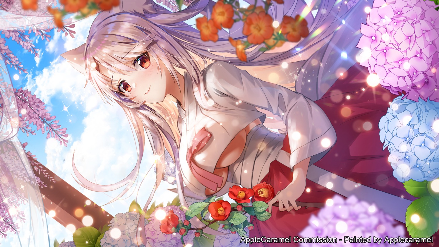 animal_ears apple_caramel bandages japanese_clothes kitsune no_bra skirt_lift tail underboob