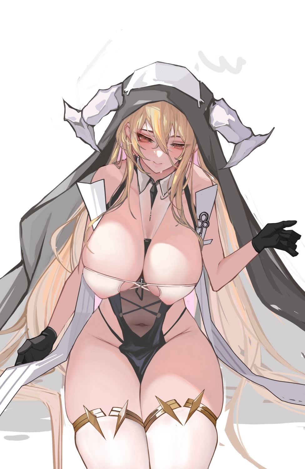 azur_lane erect_nipples horns implacable_(azur_lane) no_bra nun see_through thighhighs yaoshan_shi