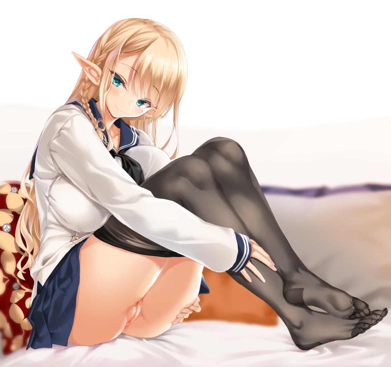 cle_masahiro elf feet nopan pantyhose pointy_ears pussy seifuku skirt_lift uncensored