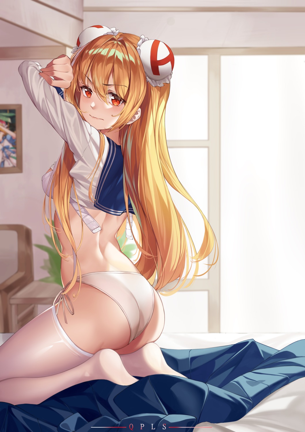 ass bra pantsu qian_pu_liu_shang seifuku shirt_lift string_panties thighhighs