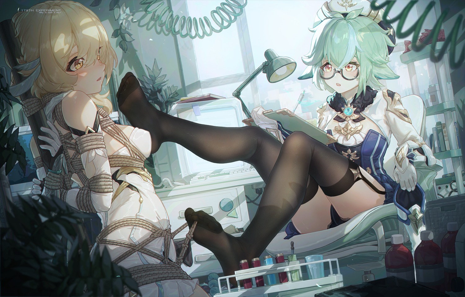 bondage dress feet genshin_impact icecake lumine megane stockings sucrose thighhighs yuri