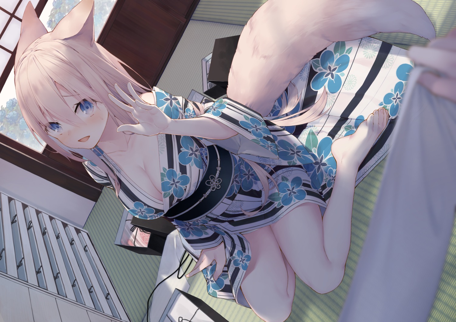 animal_ears no_bra open_shirt tail tokuno_yuika yukata