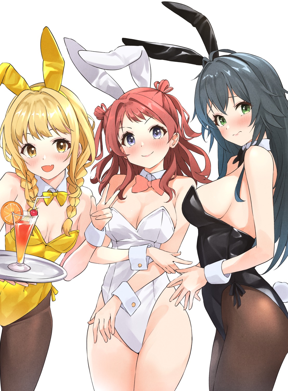 animal_ears b1ack bunny_ears bunny_girl fujita_kotone gakuen_idolm@ster hanami_saki no_bra pantyhose tail the_idolm@ster tsukimura_temari waitress