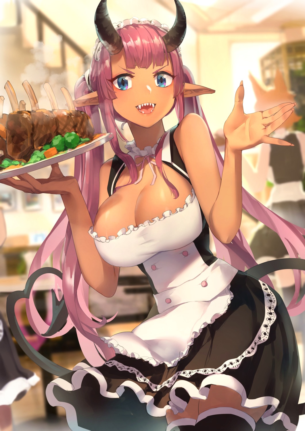 horns maid mr.lime no_bra pointy_ears tail thighhighs