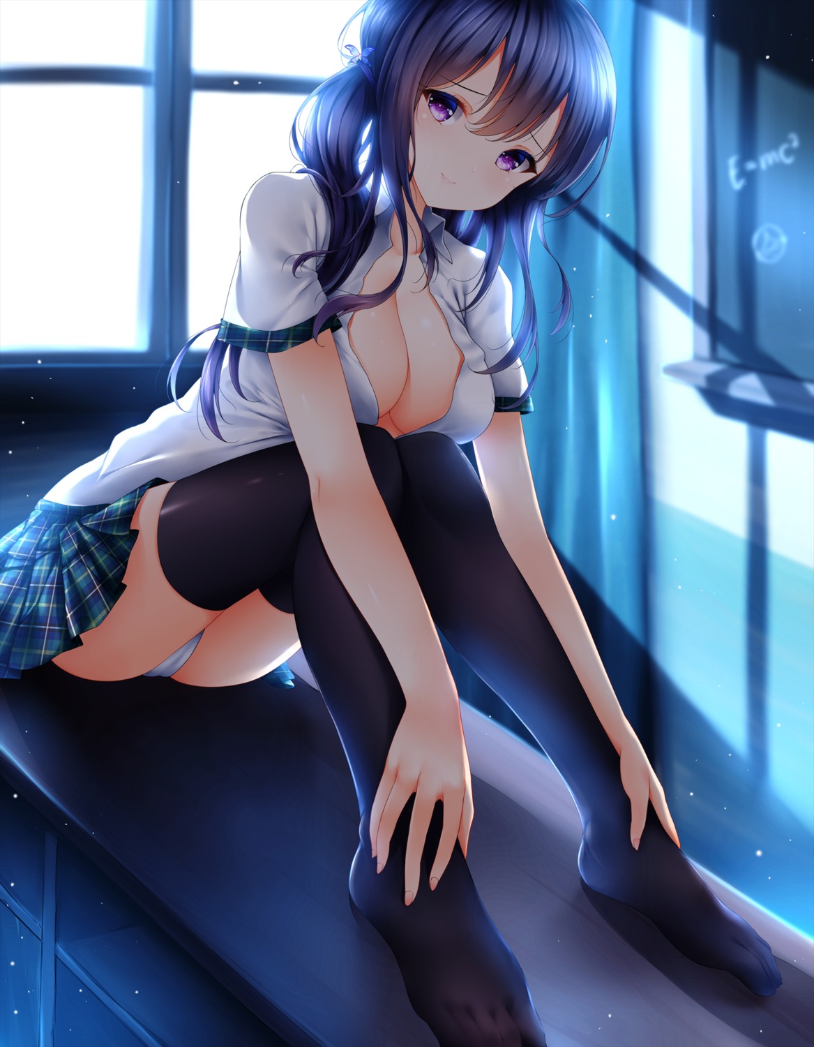 cameltoe feet no_bra open_shirt pantsu seifuku skirt_lift thighhighs wsman