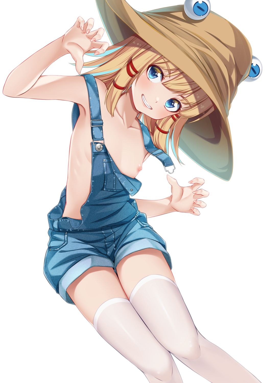 loli moriya_suwako nipples no_bra overalls paburisiyasu thighhighs touhou