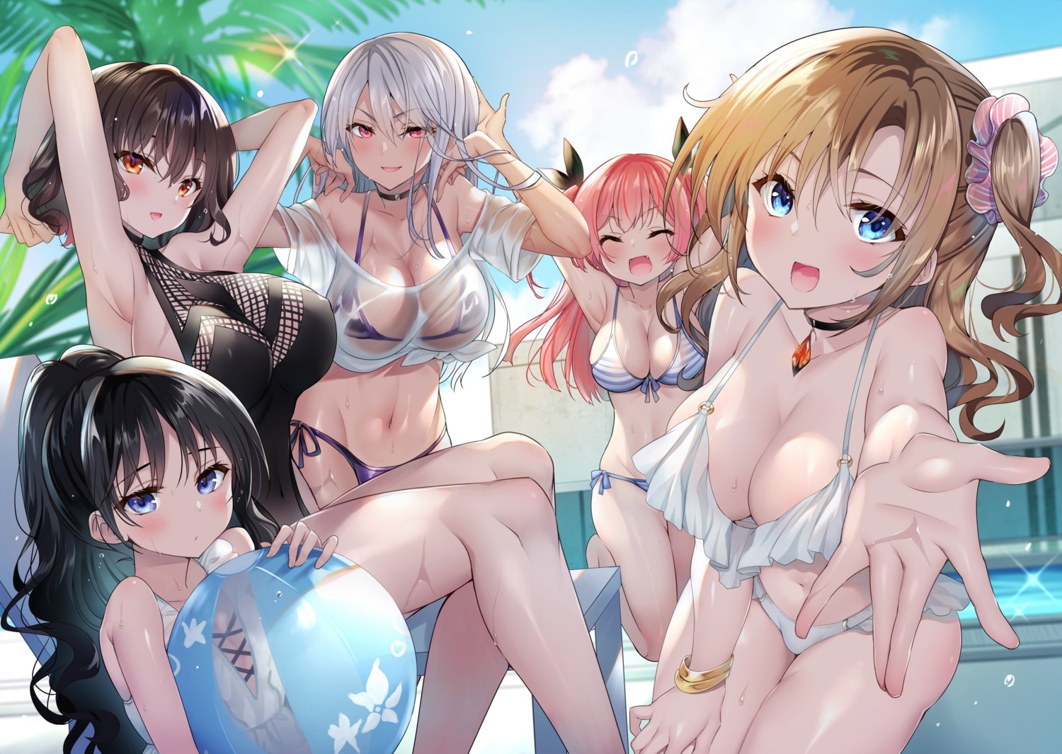 bikini cleavage hidaka_manami ikaruga_nagisa ikushima_miyu minagawa_nanako sansyoku_amido. see_through strategic_lovers swimsuits wet_clothes yamada_aki