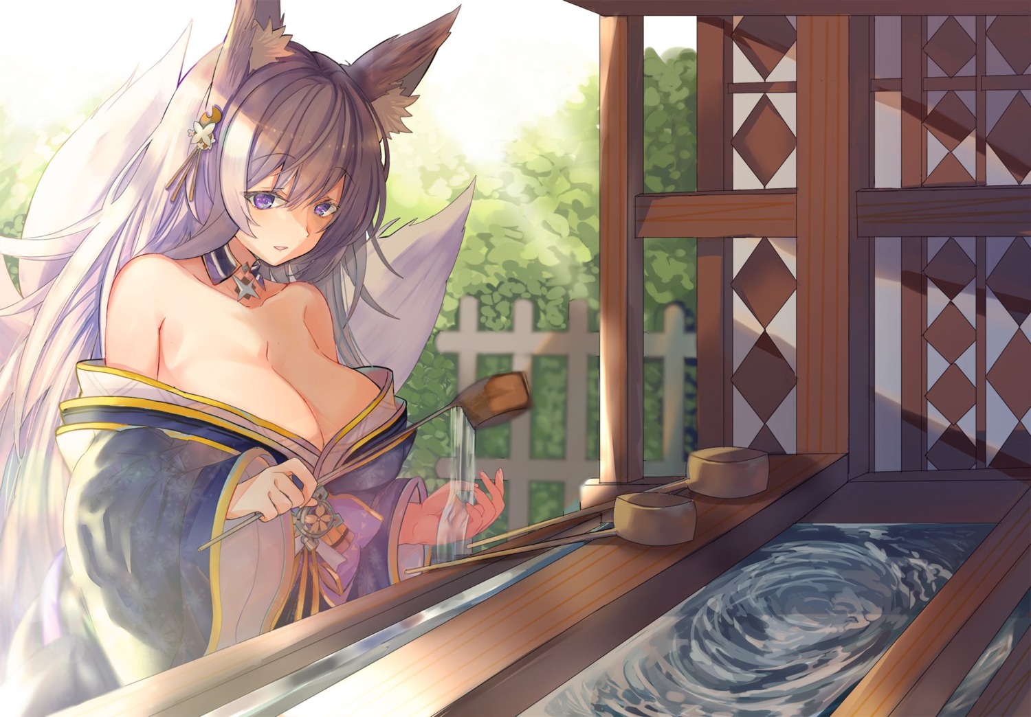 animal_ears azur_lane japanese_clothes kitsune no_bra open_shirt shibaebi_(yasaip_game) shinano_(azur_lane) tail