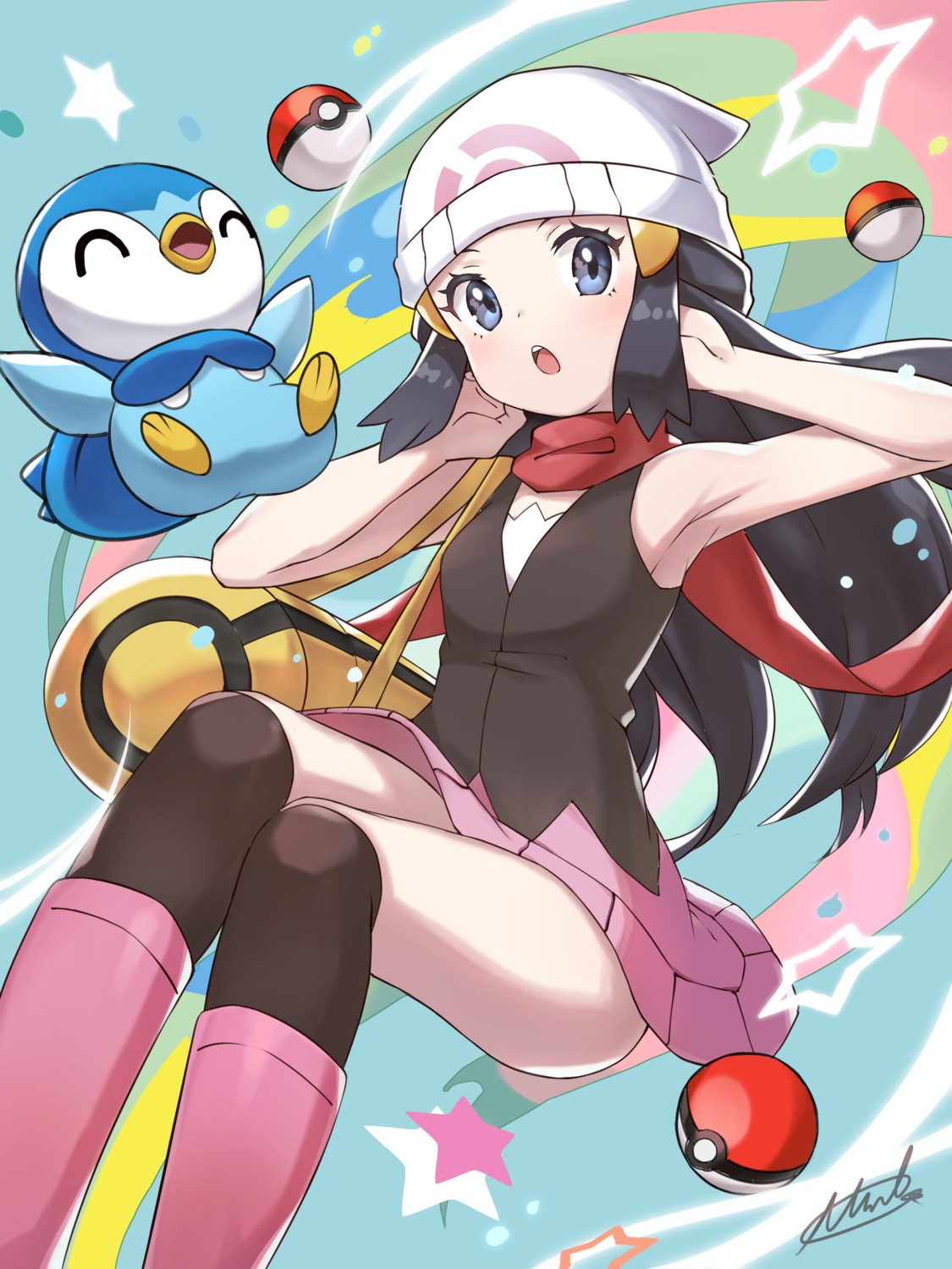 hikari_(pokemon) miko_no_kamiko piplup pokemon pokemon_bdsp pokemon_dppt skirt_lift thighhighs