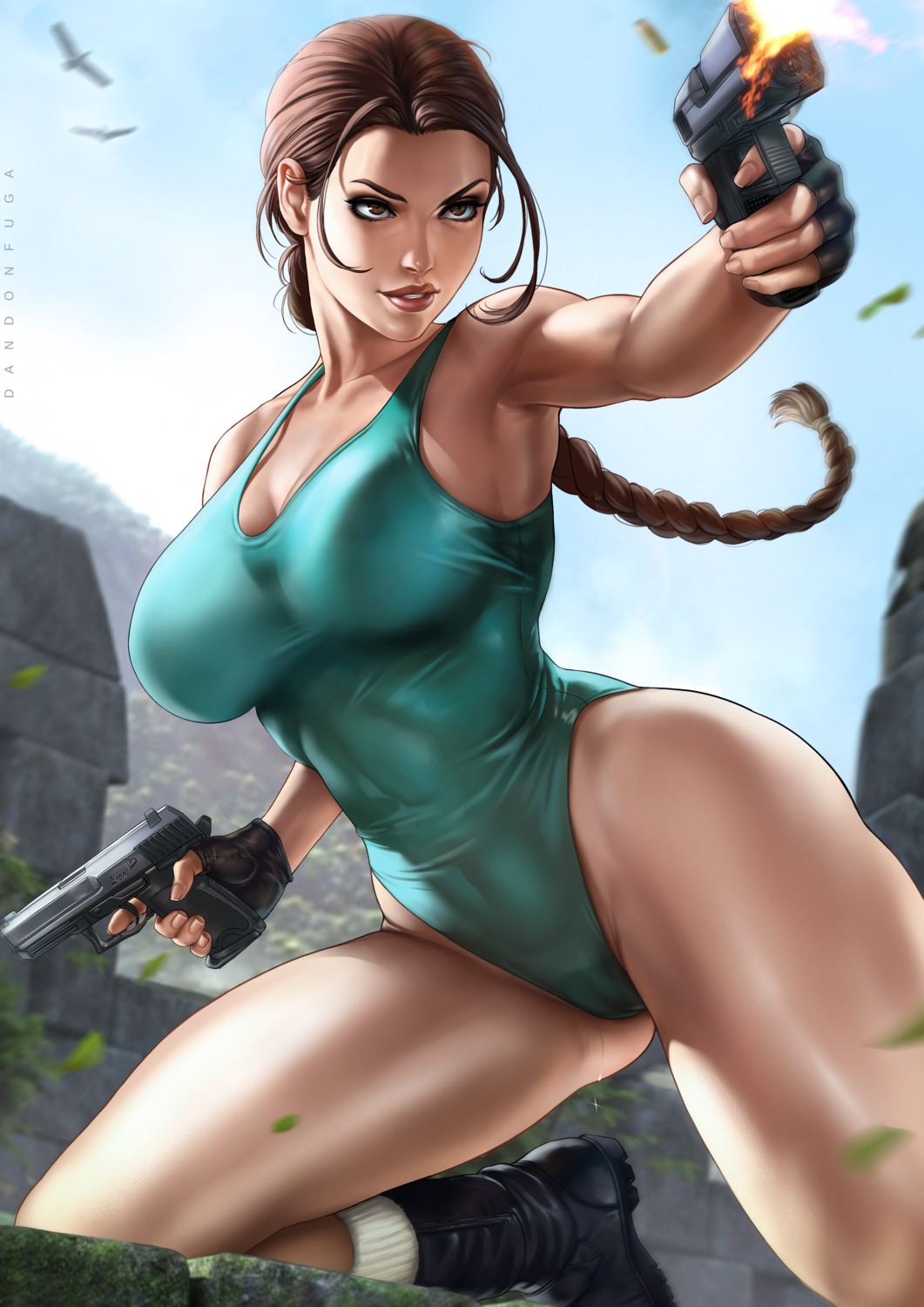 dandon fuga tomb raider lara croft cameltoe cleavage gun leotard | #971393  | yande.re