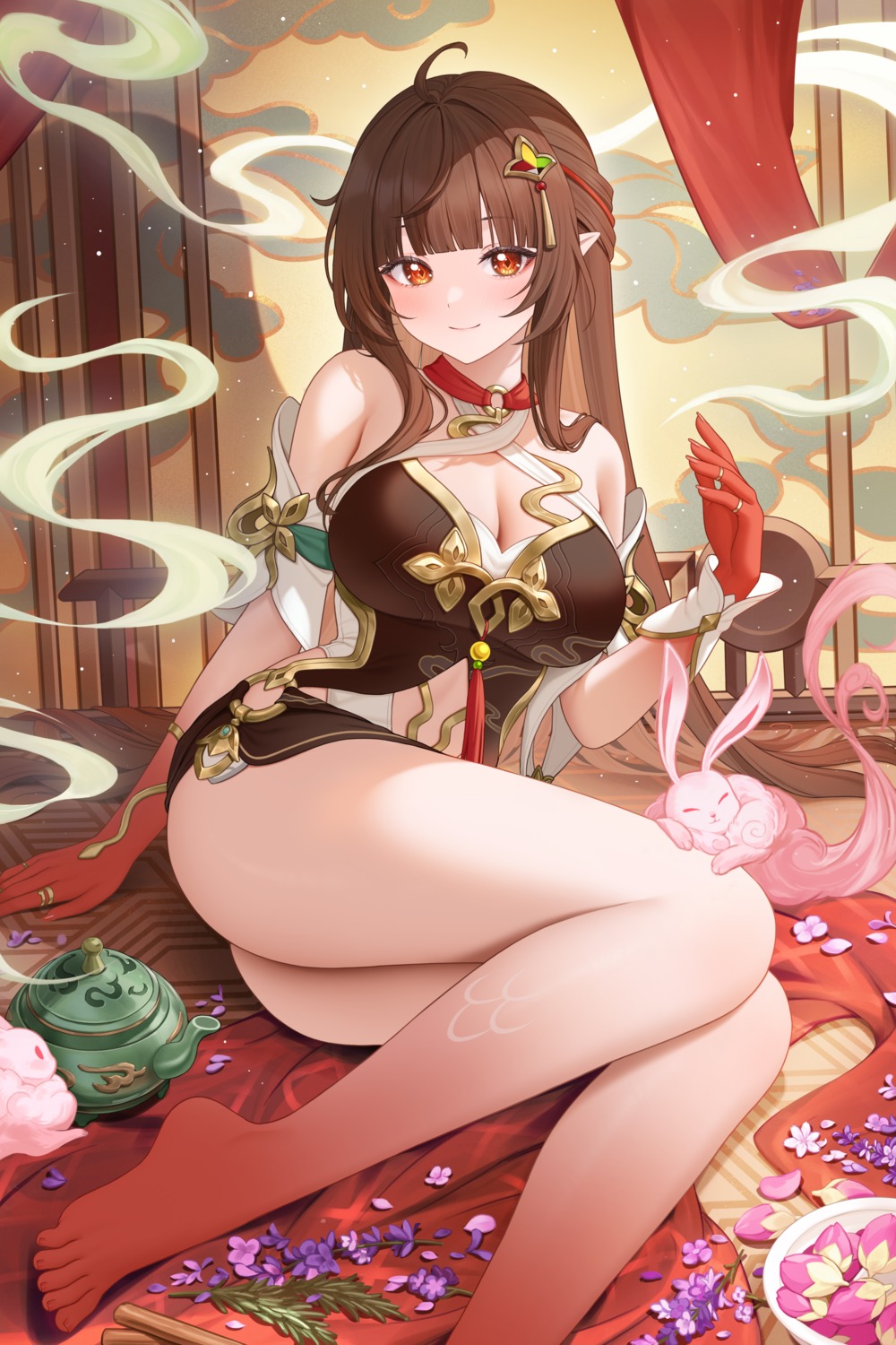 asian_clothes cleavage fukuro_ko_(greentea) honkai:_star_rail lingsha no_bra pointy_ears skirt_lift tattoo