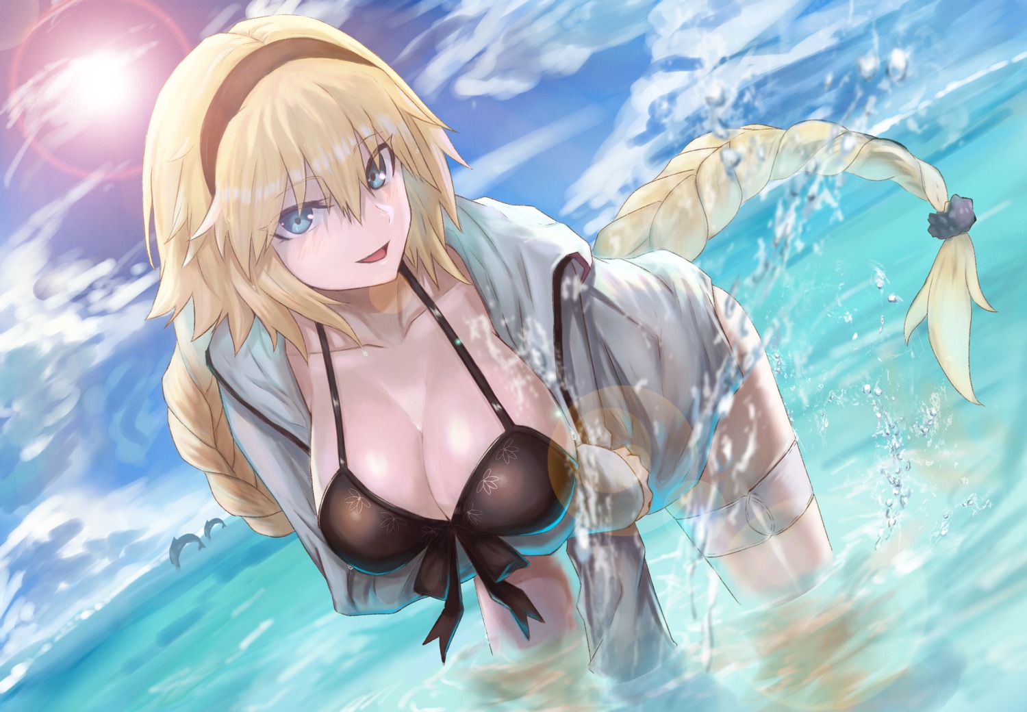 bikini_top breast_hold fate/grand_order jeanne_d'arc jeanne_d'arc_(fate) kuen_(kuennn12) open_shirt swimsuits thighhighs wet