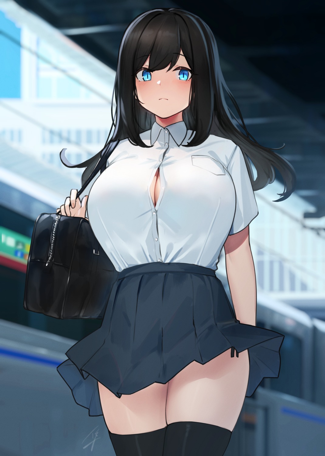 cleavage hayabusa seifuku skirt_lift thighhighs