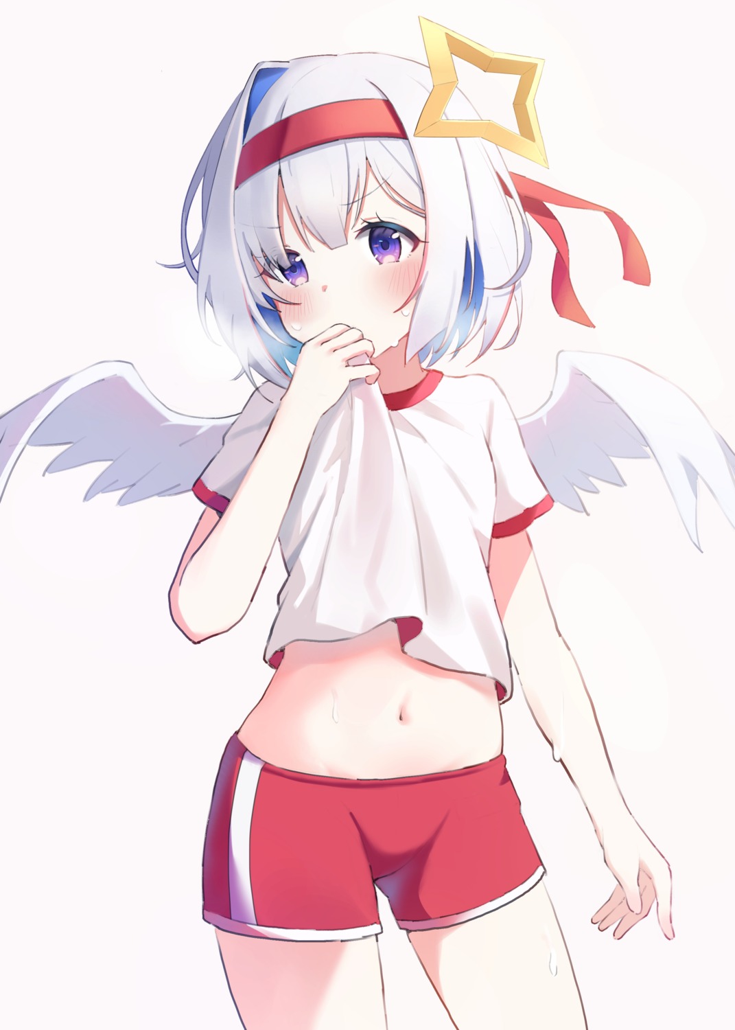 amane_kanata angel gym_uniform hanen_(borry) hololive loli shirt_lift wet wings