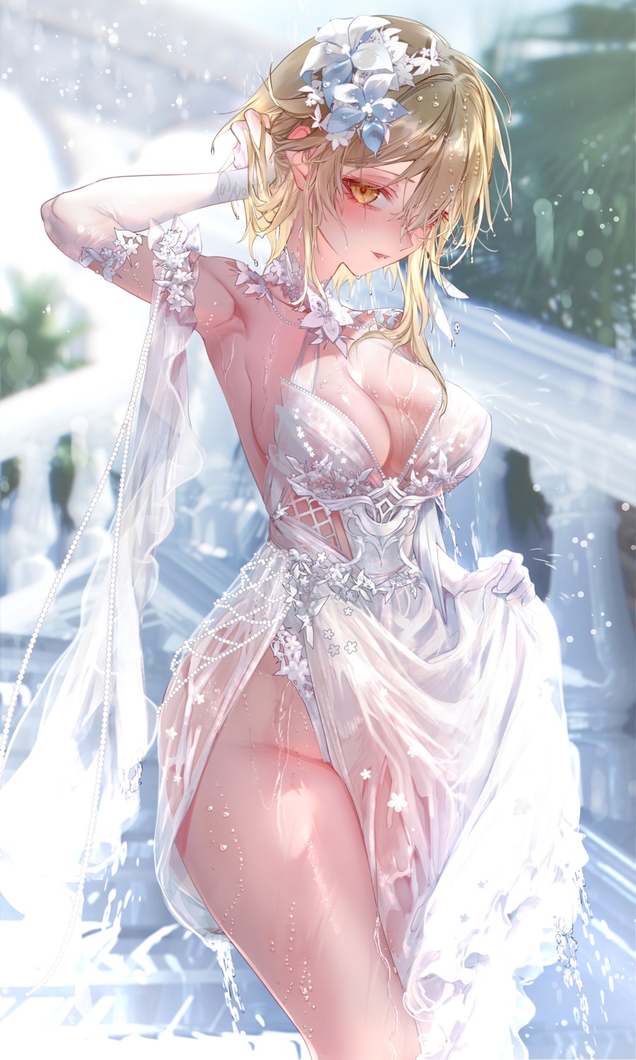 dress genshin_impact lumine no_bra nopan pottsness see_through wedding_dress wet wet_clothes