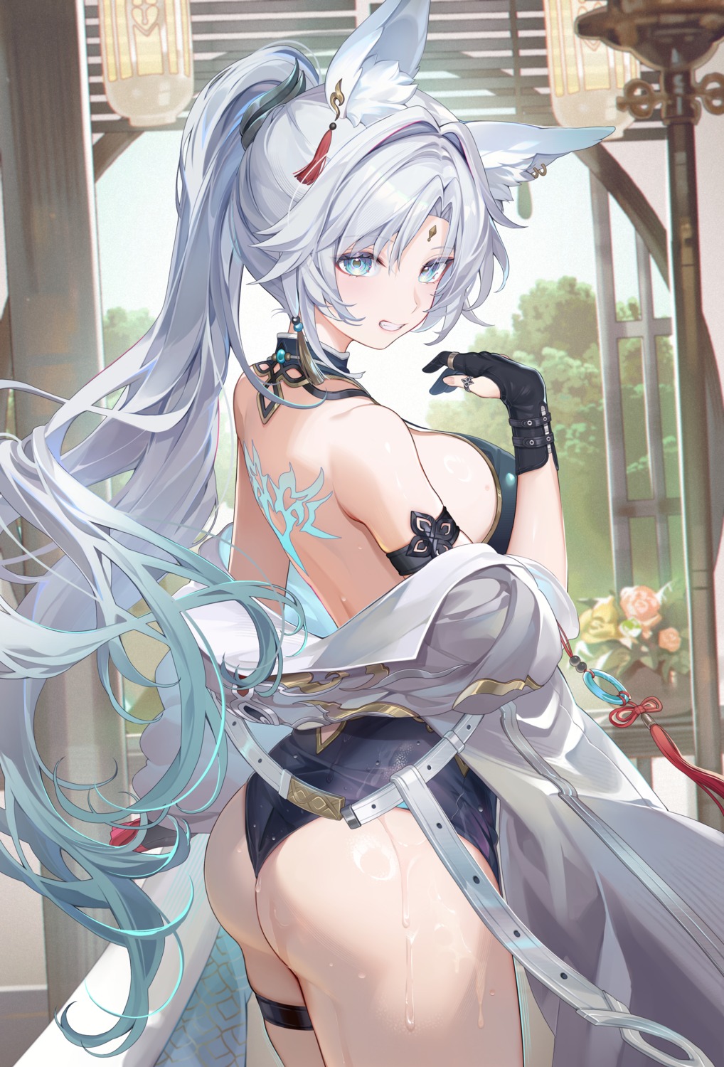 animal_ears asian_clothes ass feixiao garter honkai:_star_rail machi_(7769) no_bra tattoo wet