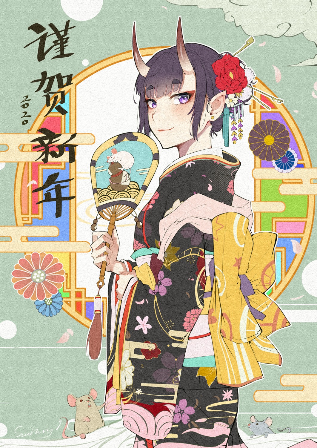 fate/grand_order horns kaer_sasi_dianxia kimono pointy_ears shuten_douji_(fate/grand_order)