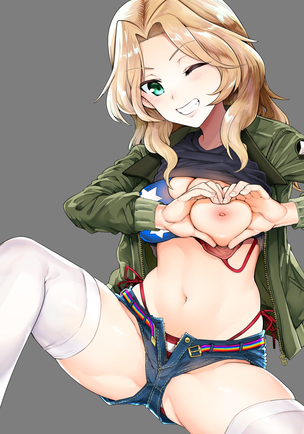 bikini breast_grab breasts girls_und_panzer kay_(girls_und_panzer) nakasone_haiji nipples open_shirt shirt_lift swimsuits thighhighs transparent_png wardrobe_malfunction