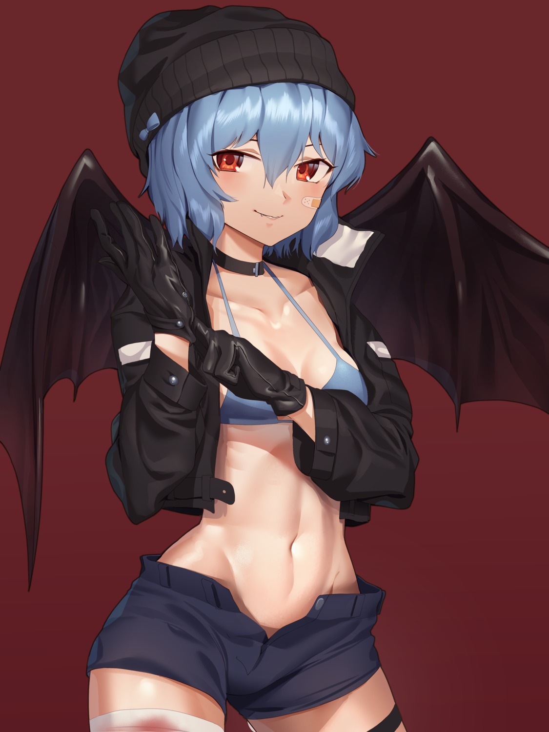 bandages bandaid bikini_top blood garter goback open_shirt remilia_scarlet swimsuits thighhighs touhou wings