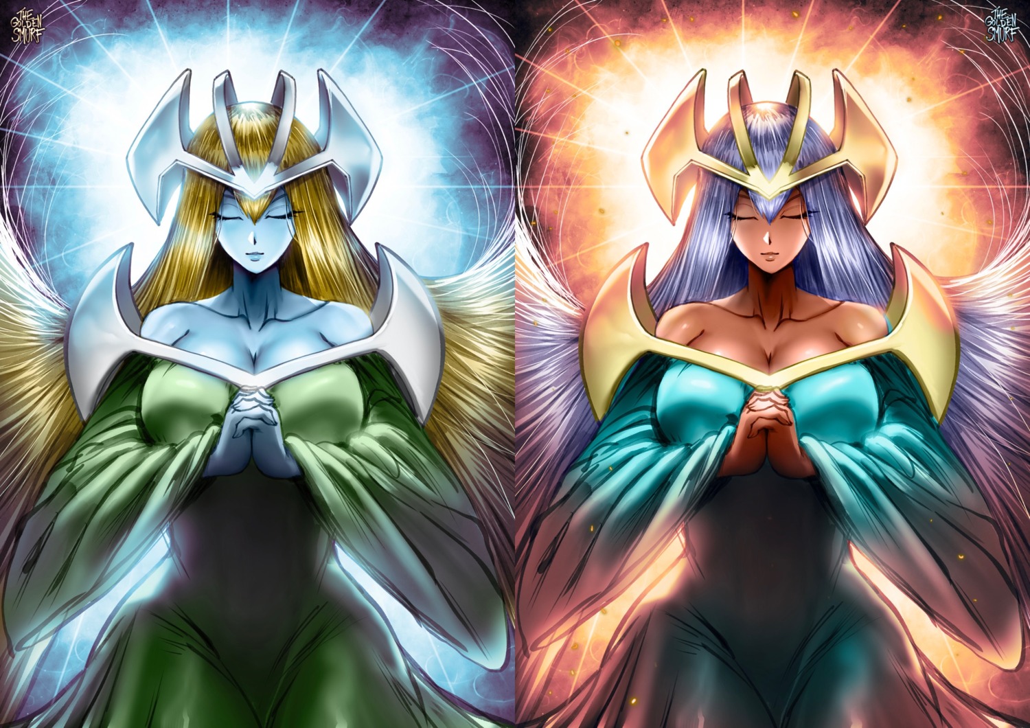 cleavage dark_elf_(yugioh) dress mystical_elf_(yugioh) no_bra thegoldensmurf yugioh