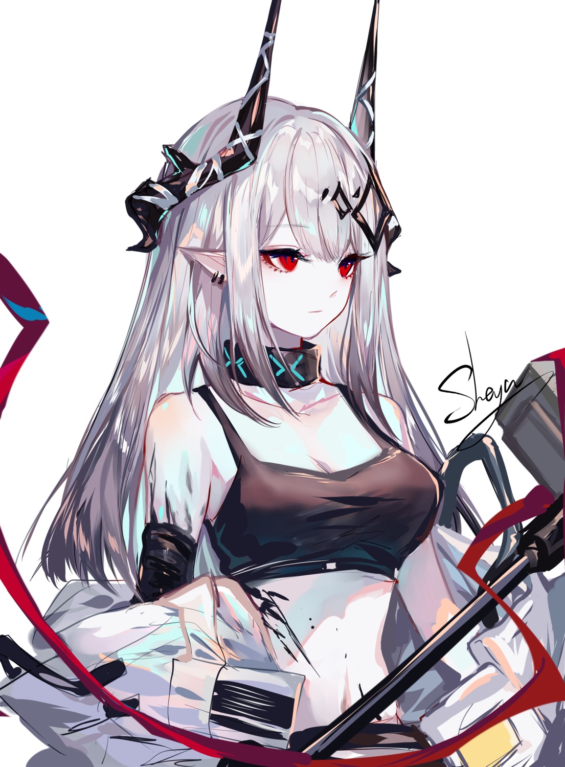 arknights cleavage horns mudrock_(arknights) pointy_ears sheya sketch weapon