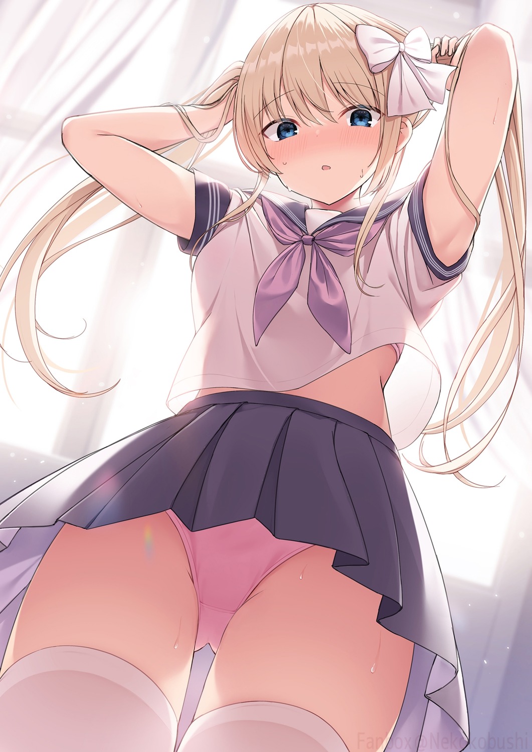 bra nekokobushi pantsu see_through seifuku shirt_lift skirt_lift thighhighs