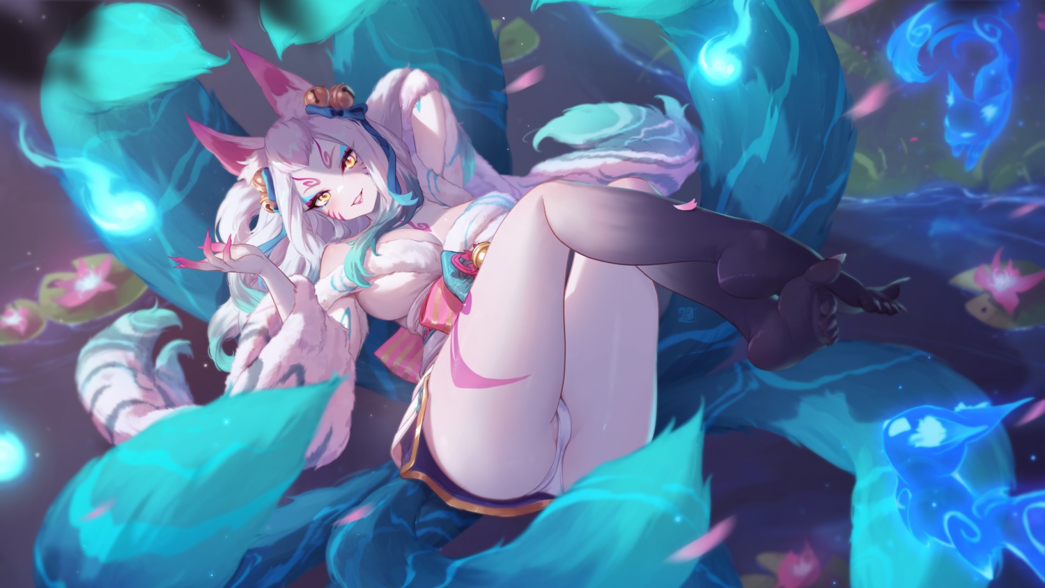 ahri animal_ears feet japanese_clothes kitsune league_of_legends mitsu_(mitsu_art) no_bra pantsu skirt_lift tail thong