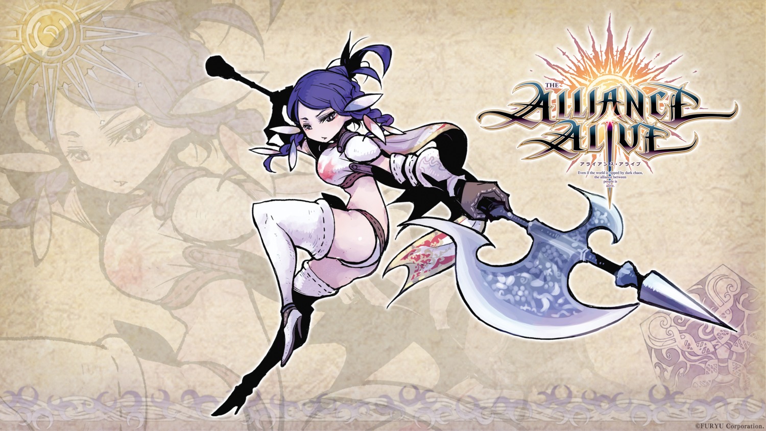 furyu heels matilda_(the_alliance_alive) pantsu tagme the_alliance_alive thighhighs wallpaper weapon