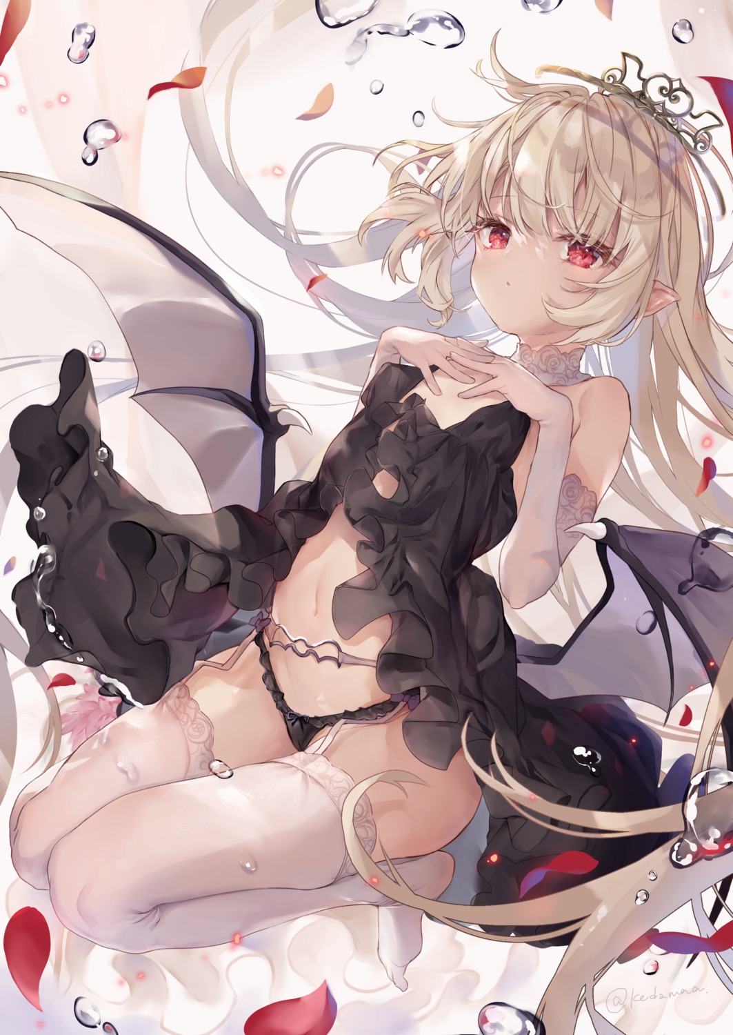 garter_belt no_bra pantsu plasma pointy_ears skirt_lift stockings tamano_kedama thighhighs wings