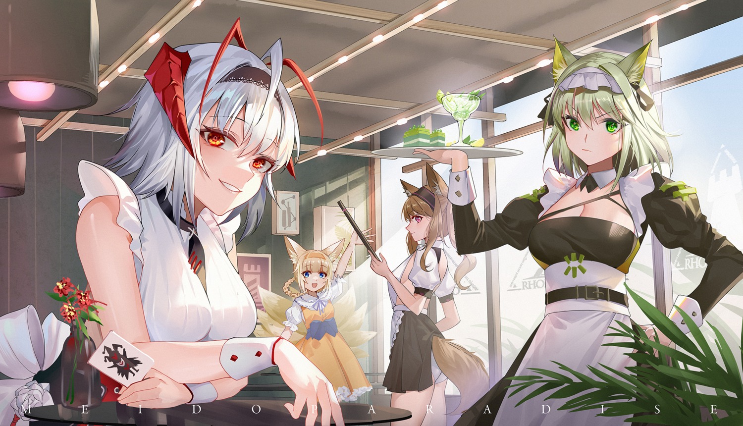 angelina_(arknights) animal_ears arknights ass hongbaise_raw horns kal'tsit_(arknights) kitsune maid no_bra pantsu skirt_lift suzuran_(arknights) tail w_(arknights) waitress