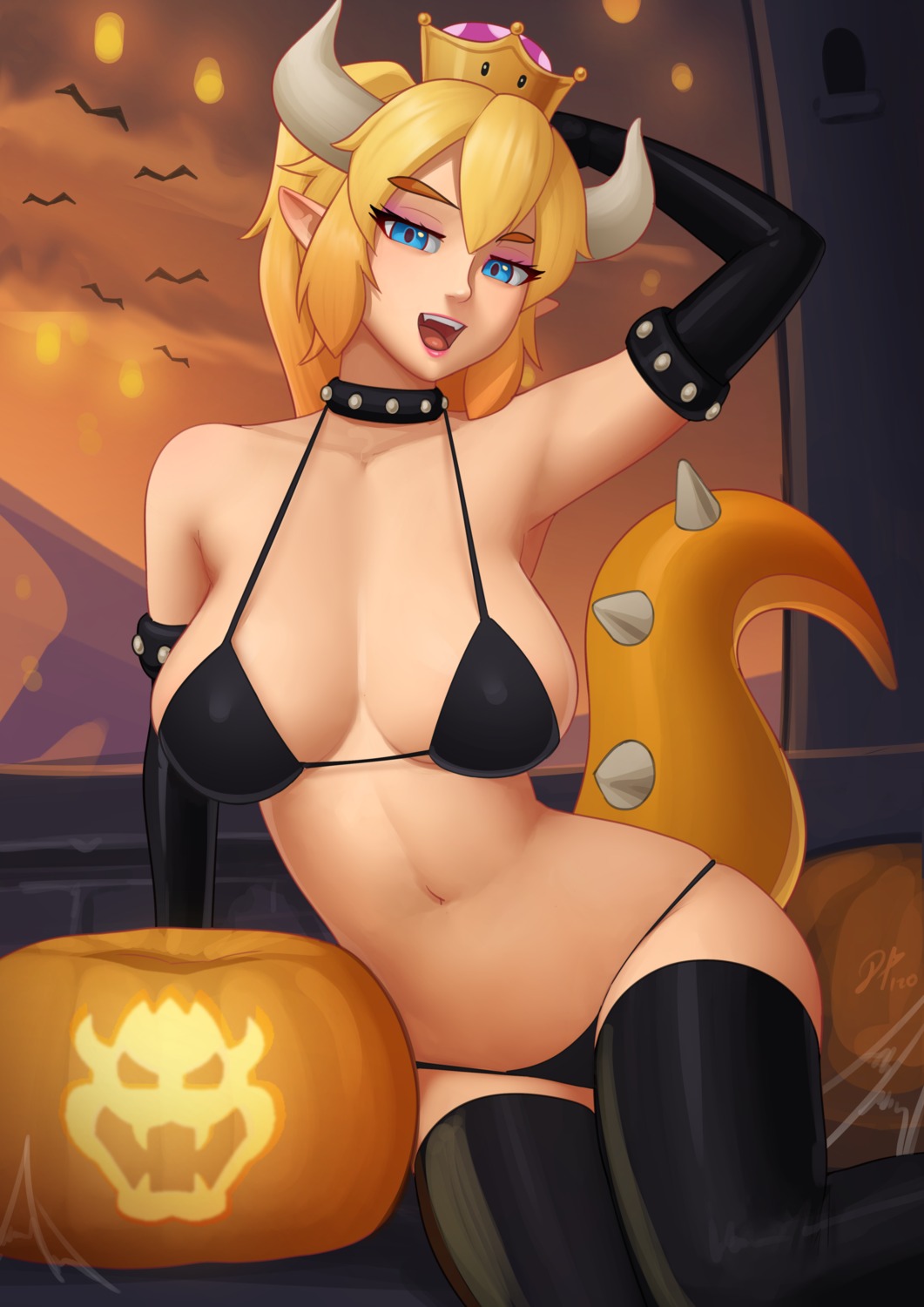 bikini bowsette deilan12 halloween horns new_super_mario_bros._u_deluxe pointy_ears swimsuits tail thighhighs