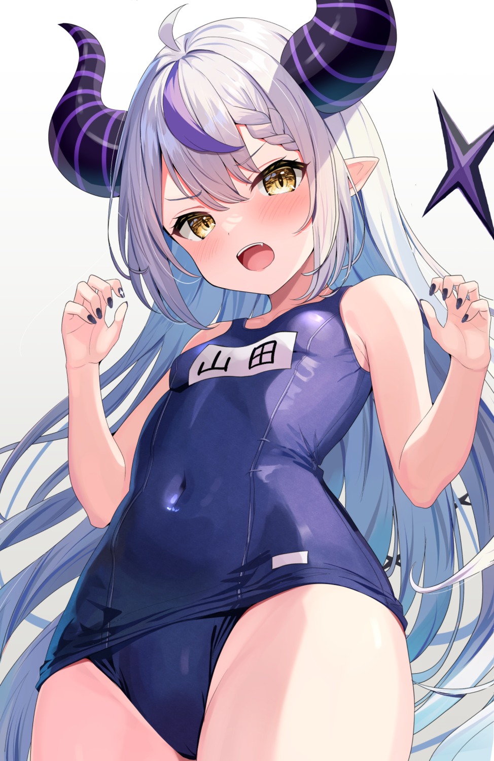 adju_ster hololive horns la+_darknesss loli pointy_ears school_swimsuit swimsuits tail