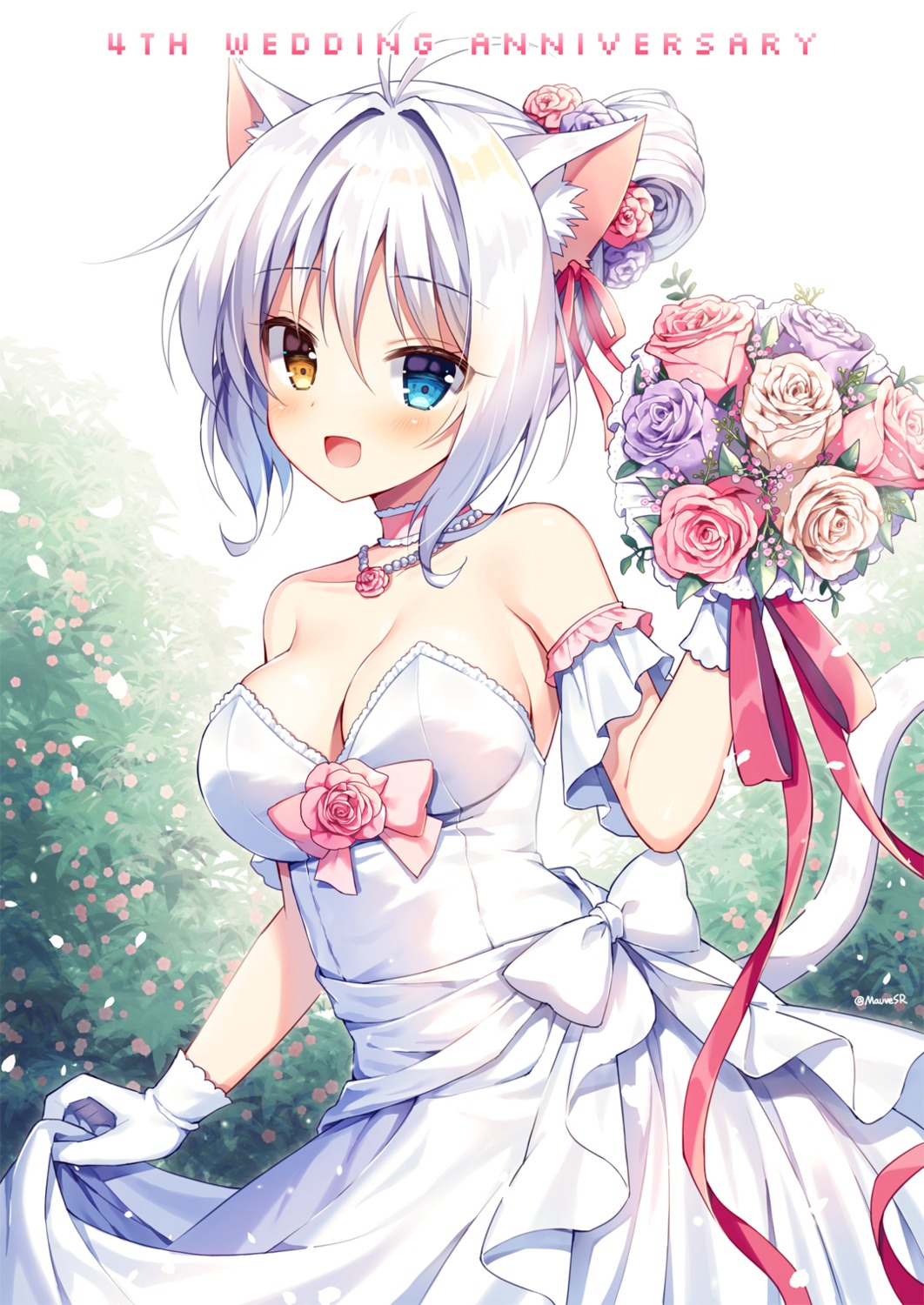 aina_rive animal_ears cleavage dress heterochromia mauve nekomimi tail wedding_dress