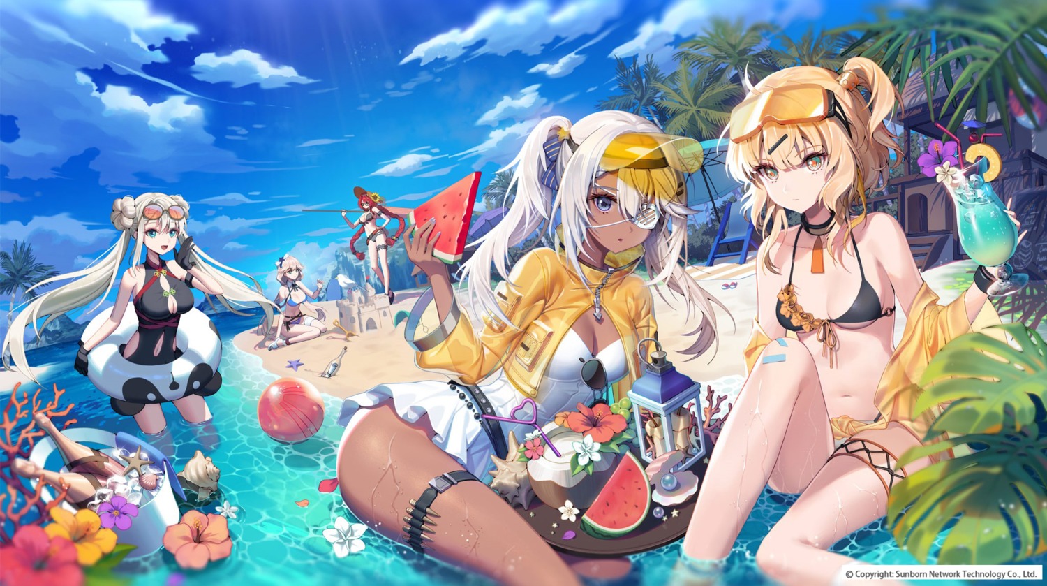 bikini cf05_(girls_frontline) cleavage evo_3_(girls_frontline) eyepatch garter girls_frontline hs.50_(girls_frontline) lemonpear megane open_shirt savage_99_(girls_frontline) see_through sterling_(girls_frontline) swimsuits wet