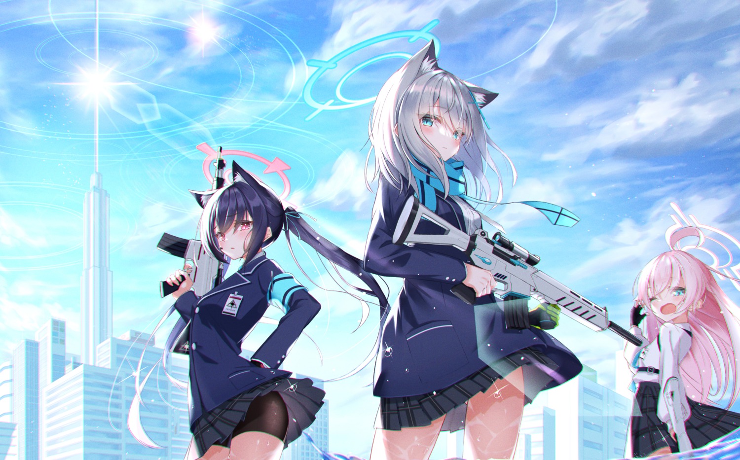 animal_ears bike_shorts blue_archive gun kuromi_serika nekomimi seifuku simito skirt_lift sunaookami_shiroko takanashi_hoshino