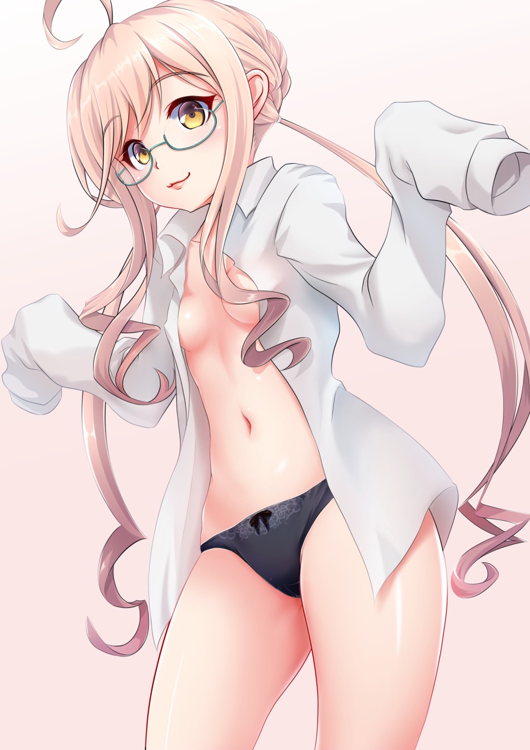 dress_shirt kantai_collection makigumo_(kancolle) makura_(user_jpmm5733) megane no_bra open_shirt pantsu