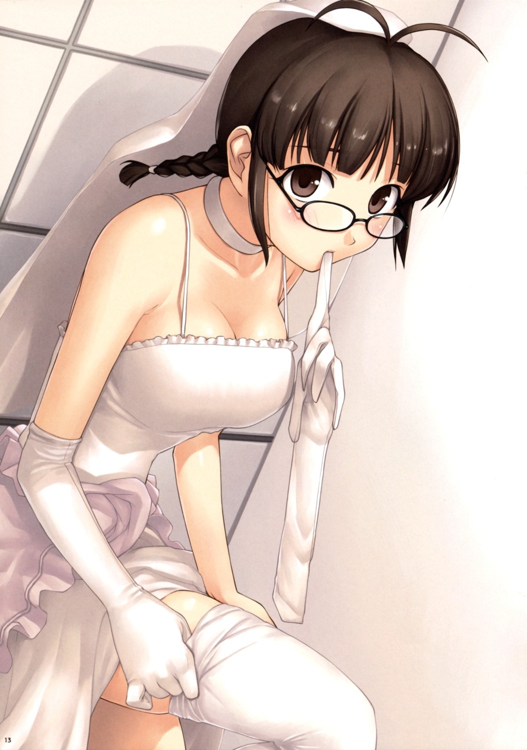 akizuki_ritsuko cleavage dress fomalhaut megane tanaka_shoutarou the_idolm@ster thighhighs undressing wedding_dress