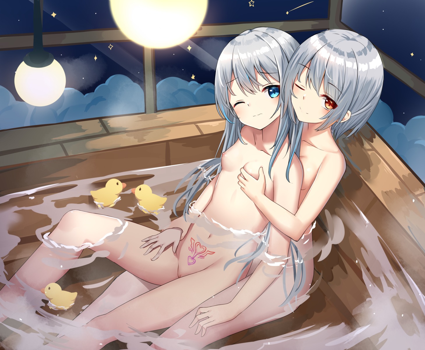 bathing breast_grab loli naked nipples pussy sakutaishi tattoo uncensored wet yuri