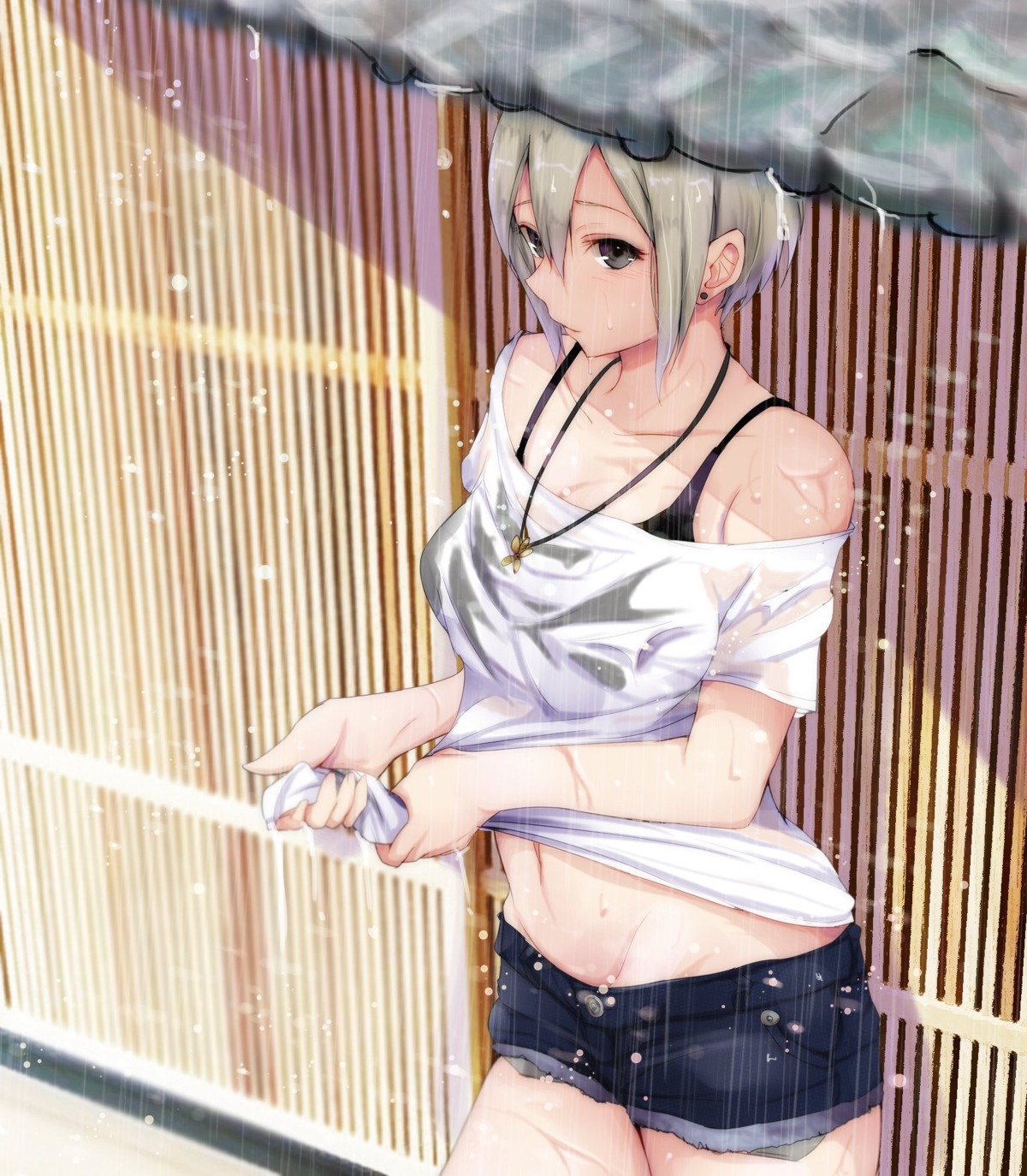 bra cleavage ryuu. see_through shiomi_shuuko shirt_lift the_idolm@ster the_idolm@ster_cinderella_girls wet wet_clothes