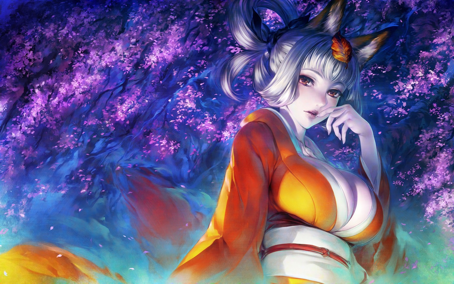 animal_ears cleavage kimono kongiku no_bra oboro_muramasa simosi wallpaper